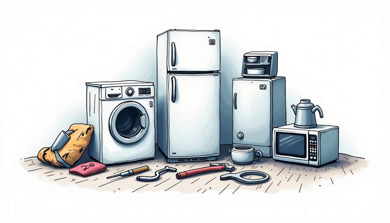 An assortment of broken household appliances