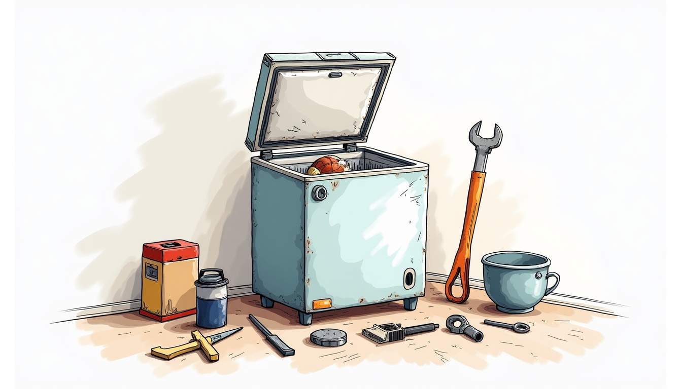A broken freezer with tools and spare parts scattered around it