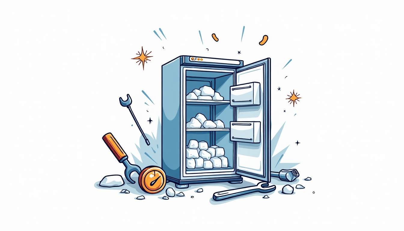 An open freezer with various common issues depicted