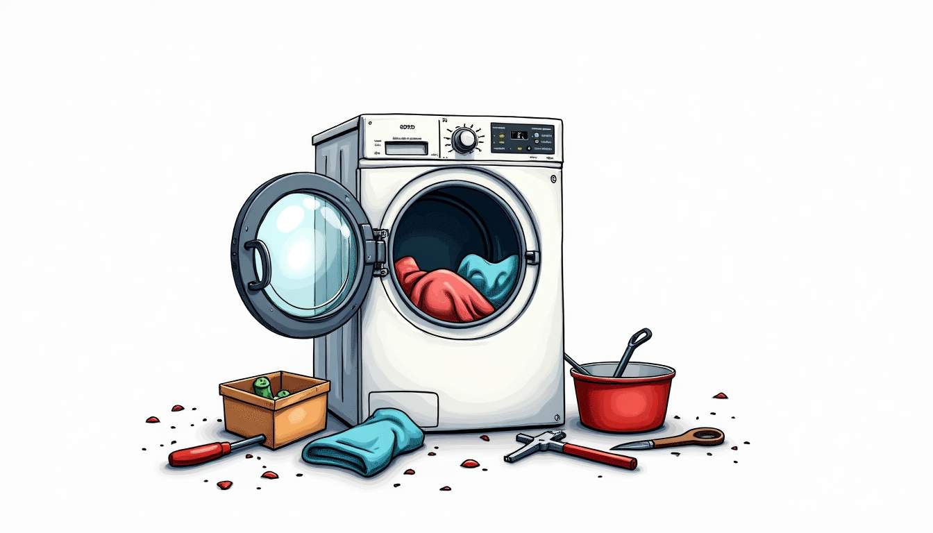 A broken dryer with clothes partially hanging out