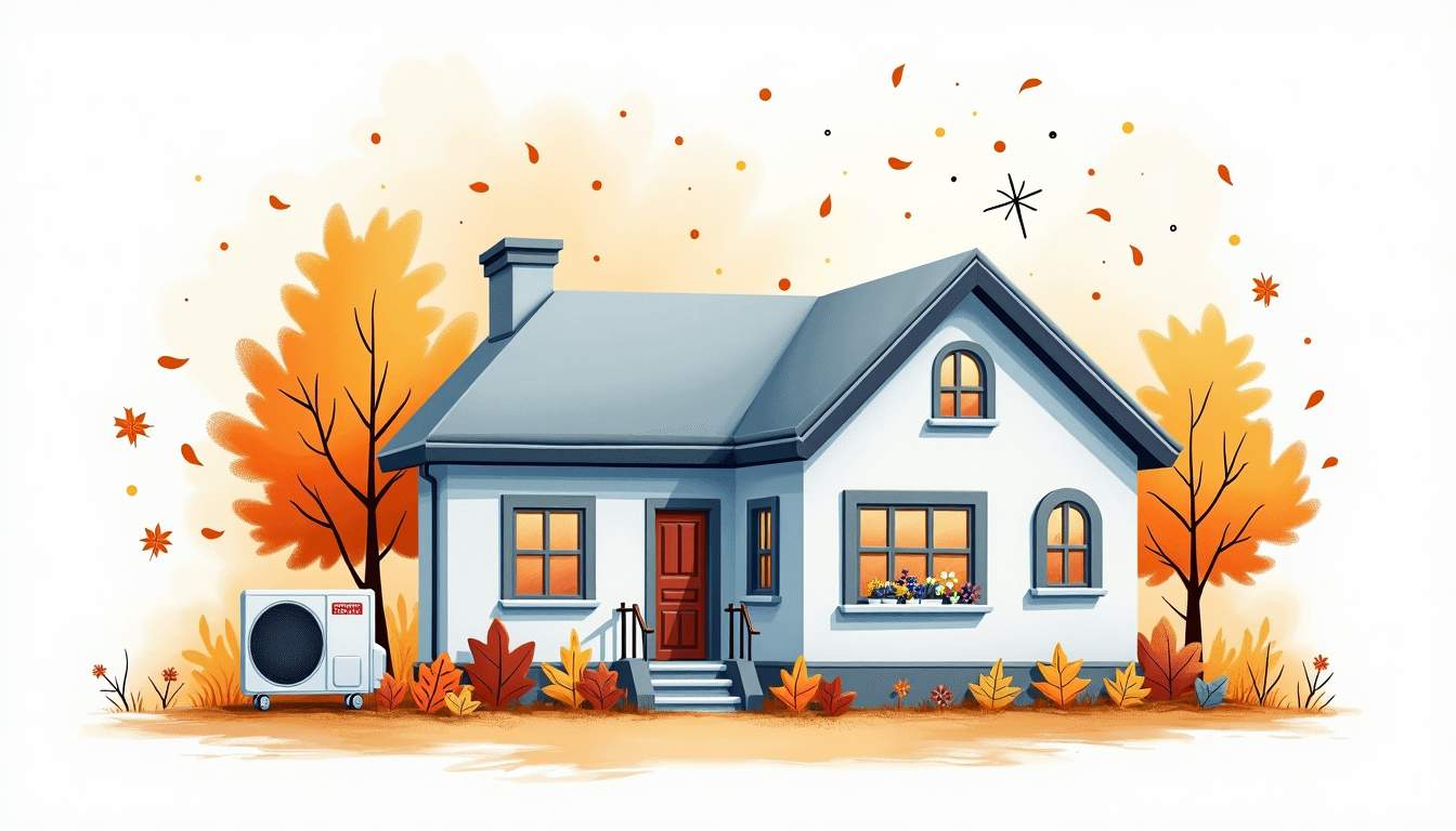 A cozy home with a visible heat pump on the exterior