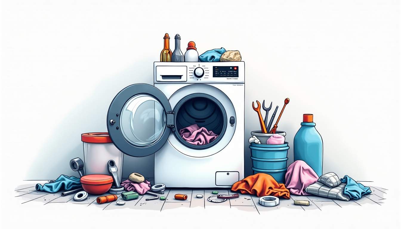 An open washing machine with various tools and spare parts scattered around it