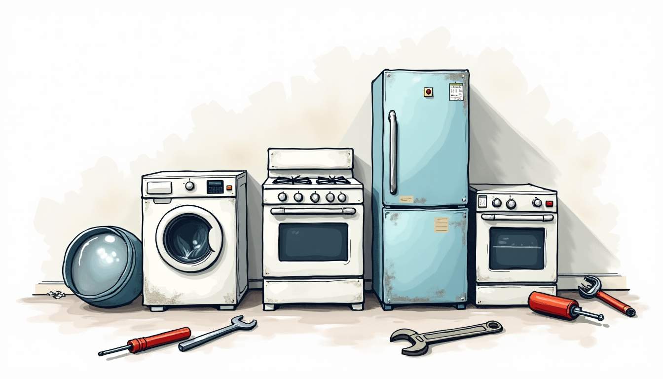 An assortment of common household appliances such as a washing machine