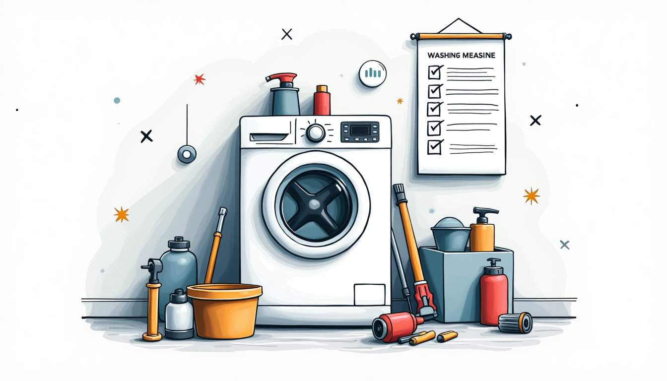 A washing machine surrounded by various service tools and parts