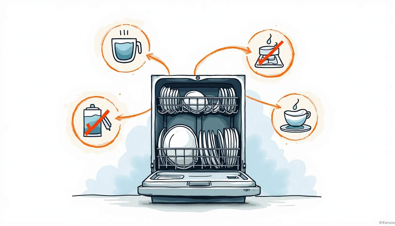 An open dishwasher with a checklist of common issues