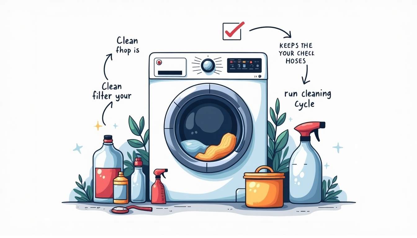 A well-maintained washing machine surrounded by various tools and cleaning supplies